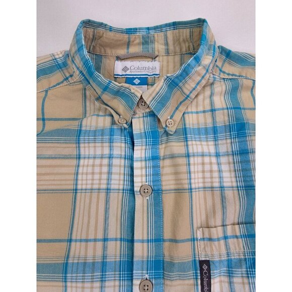 Columbia Size Large Men Tan Blue White Long Sleeve Button Down Pocket Logo Shirt - Picture 12 of 12